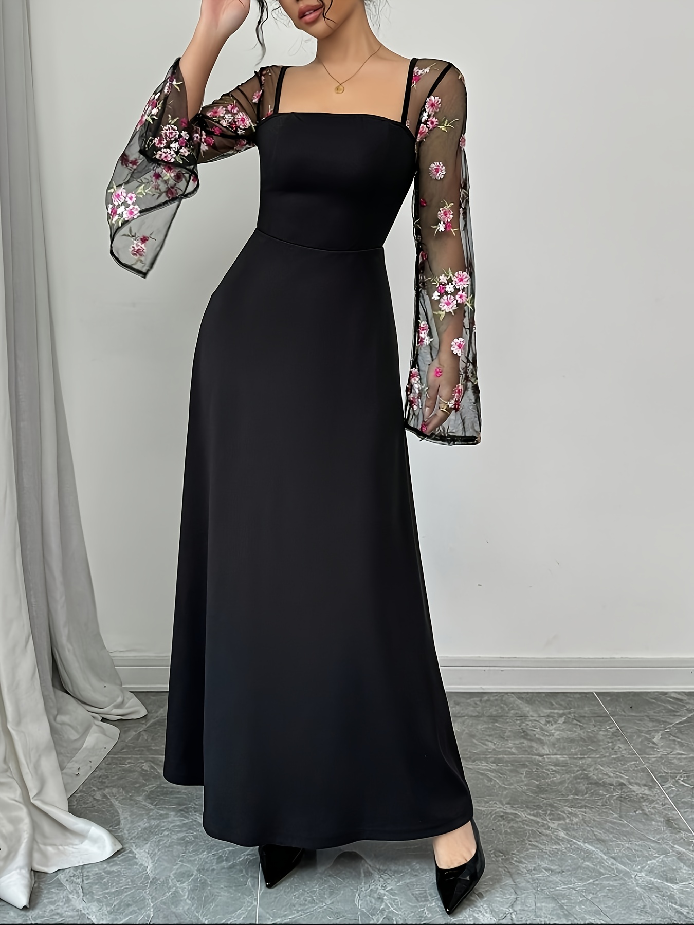 green emerald velvet dress Plus Size Mesh Flare Sleeve Long Sleeve Dress
