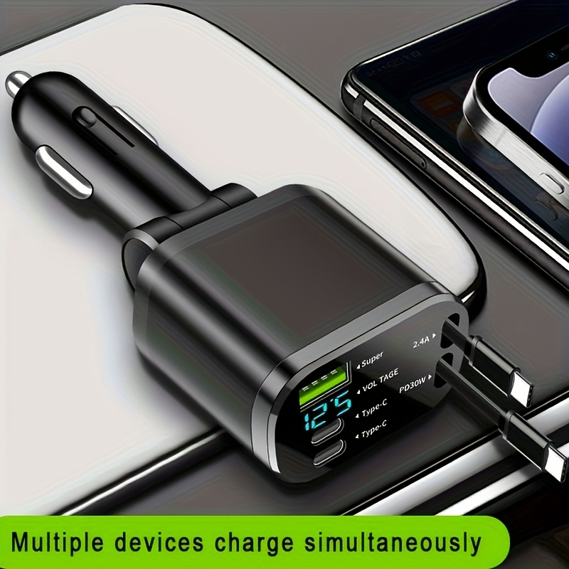 120W Бързо сгъваемо автомобилно зарядно с 2 USB Type-C кабела - Щепсел, без батерия, решение за зареждане в кола | Компактно зарядно | Сгъваем кабел, бързо зареждане за автомобили