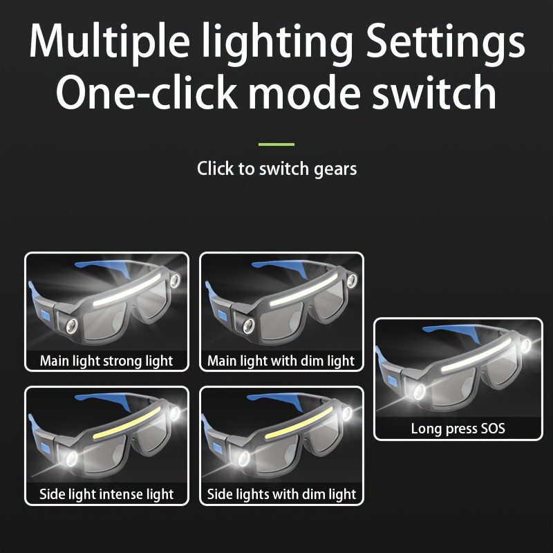 Gafas de seguridad LED con luz, gafas faro recargables, gafas de trabajo manos libres con linternas laterales, gafas protectoras COB de alto brillo para camping, senderismo, pesca, reparación, correr de noche, trabajo al aire libre, gafas de seguridad iluminadas ligeras y ajustables para mecánicos