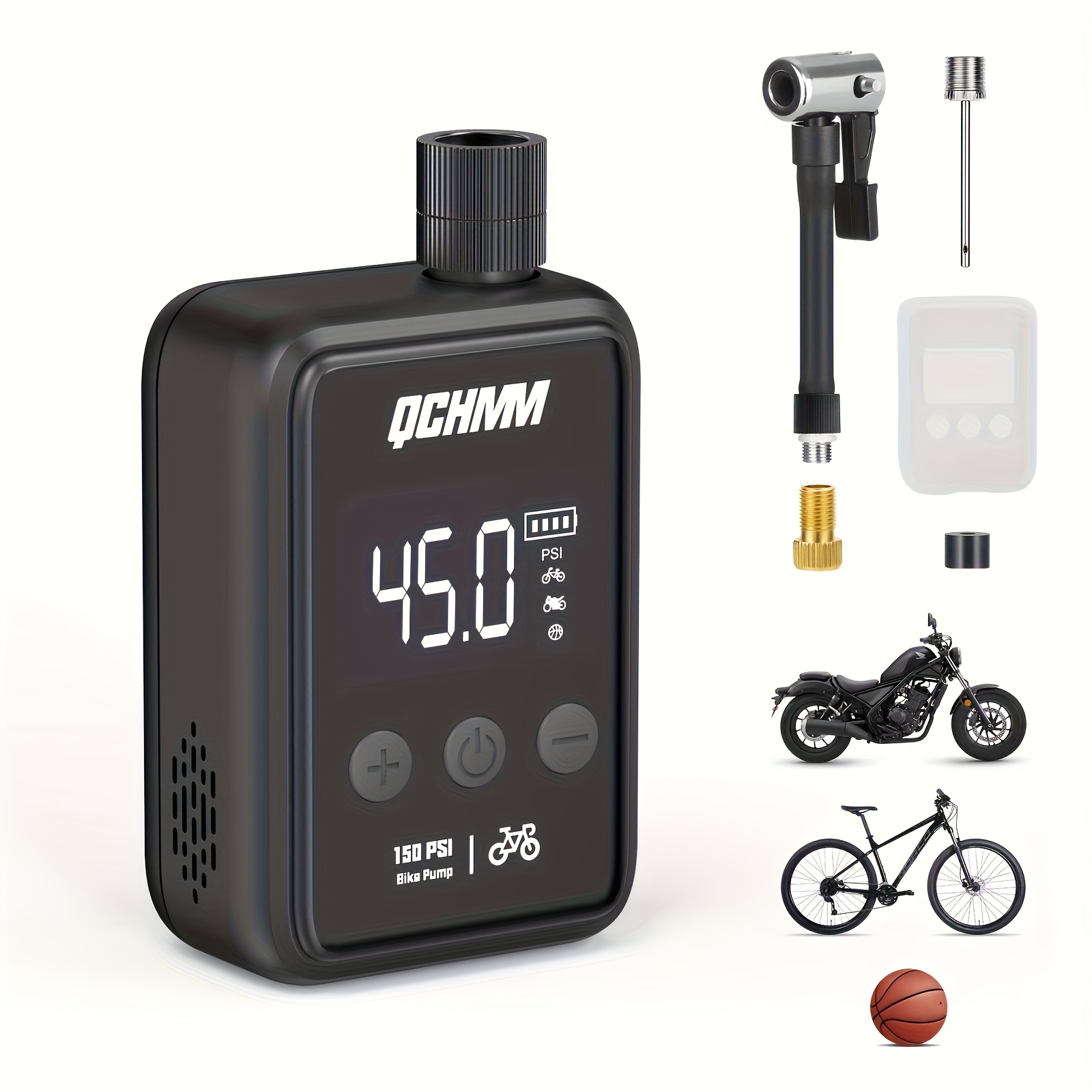 TEMU Pompe à air électrique 150 PSI, pompe à vélo sur batterie, pompe à air électrique portable avec arrêt automatique, écran LCD, lumière LED pour