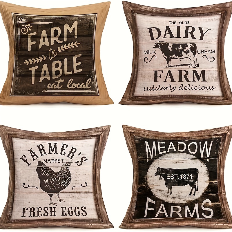 

4-pack Contemporary Farmhouse Throw Pillow Covers 18x18 - Vintage Letter & Animal Print Cotton , Zippered Cushion Cases For Home Décor - Hand Washable Covers For Sofa, Car, Bedroom & Office