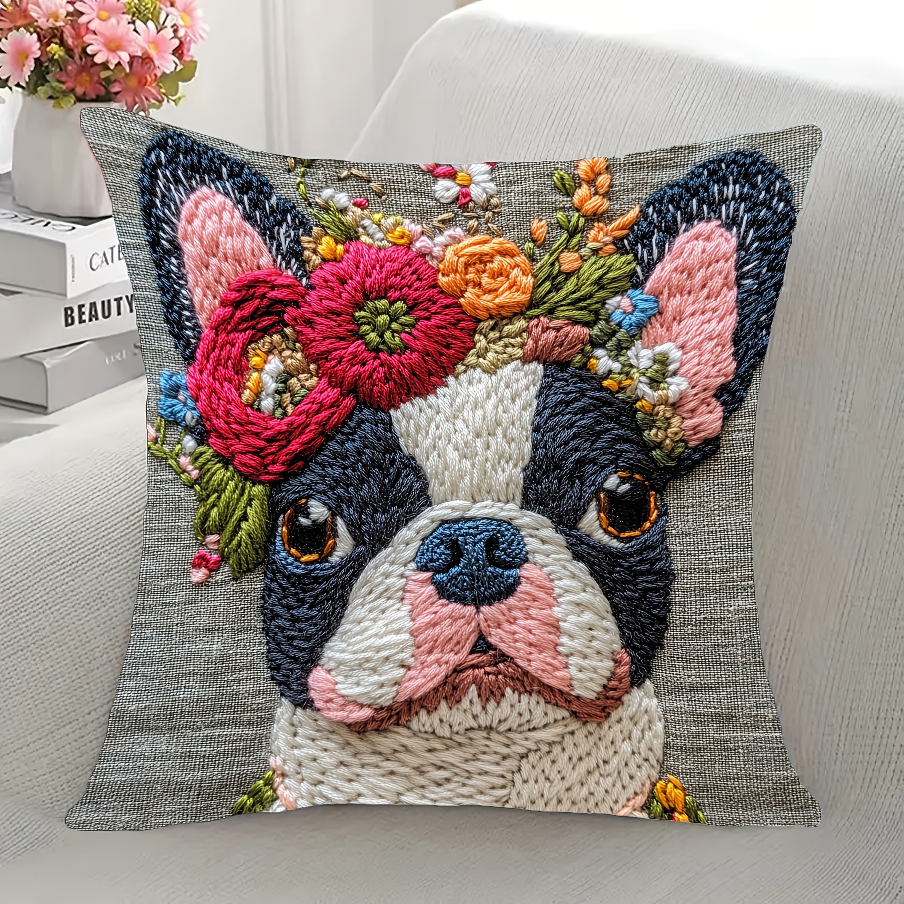 

1pc Boston Terrier Embroidered Throw Pillow Cover, 18x18 Inch, Polyester Short Plush, Machine Washable, Zippered, Woven Decorative For Home, Sofa, Bedroom - Contemporary Style, No Insert