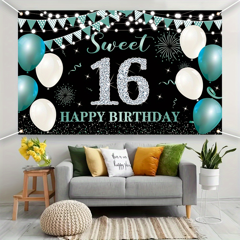 

Sweet 16 Birthday Banner - Polyester Happy 16th Birthday Wall Flag With Green Balloons & Sparkle Design - Indoor & Outdoor Room Decoration, No Electricity Needed - 1pc (180x110cm)