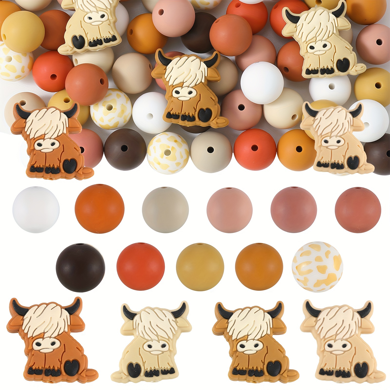 

100 Silicone Beads Animal Shape Beads Brown Loose Printed Beads Color Flat Round Spaced Beads Diy Necklace Bracelet Keychain, 15x15mm