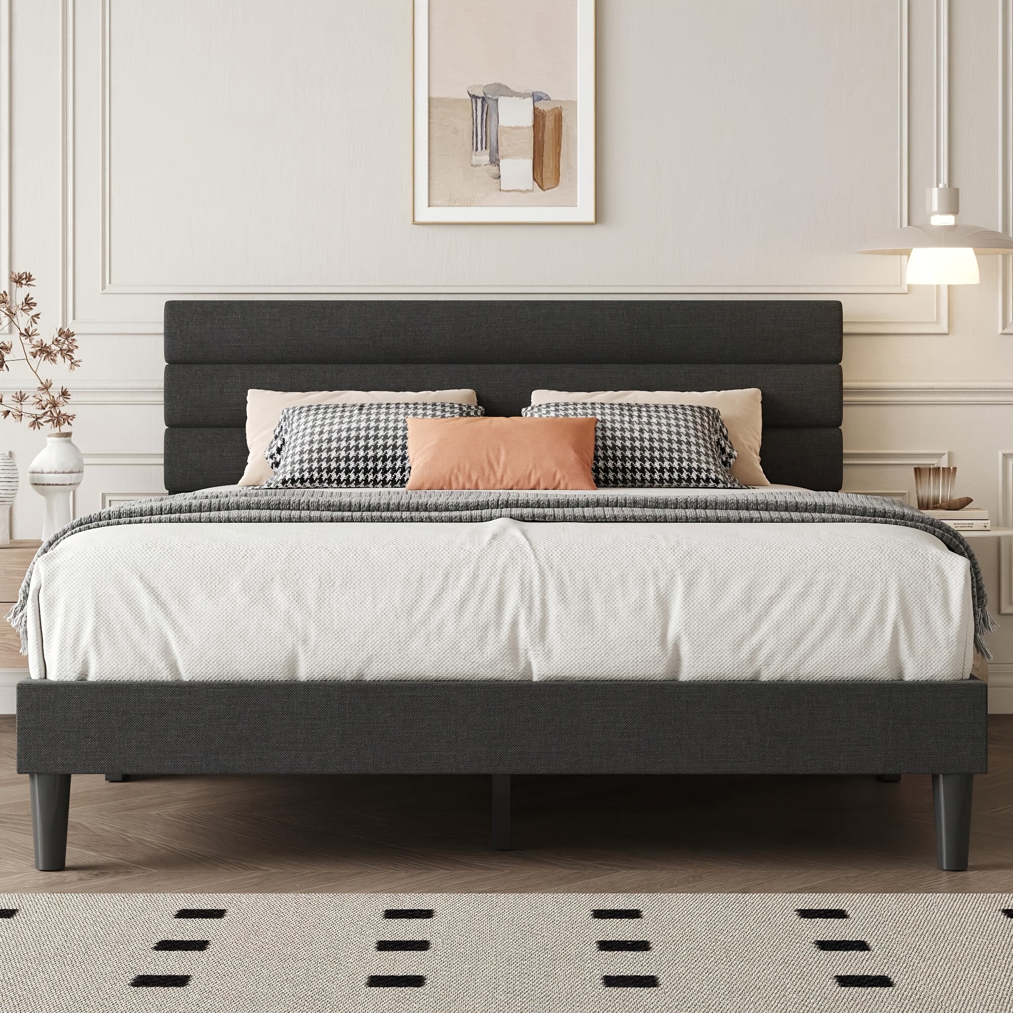 

1pc Queen Bed Frame With Headboard Upholstered Bed, Ample Under-bed Space, No Box Spring Needed, Easy Assemble
