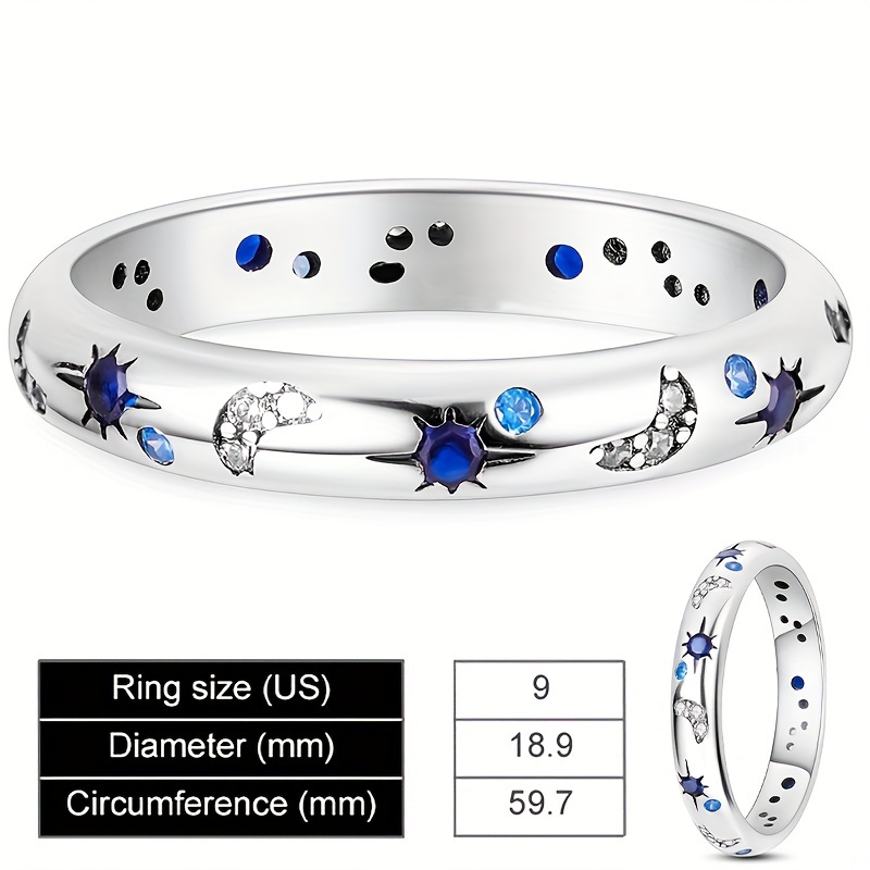 TEMU 925 Sterling Silver Hypoallergenic High Quality White Gold Plating Star Moon Blue Zirconia Women's Ring Jewelry Gift