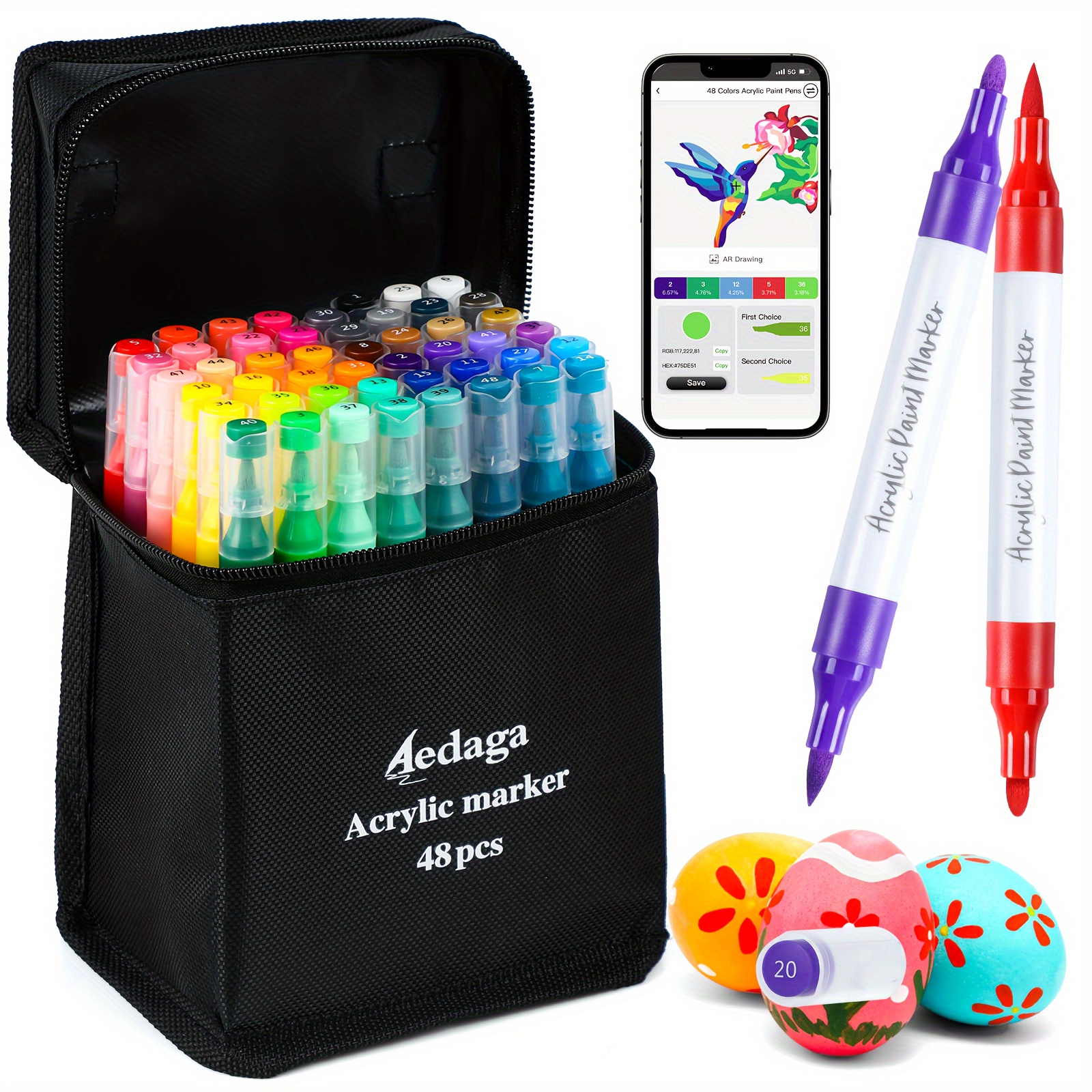 

48 Colors Acrylic Paint Pens With App, Fine Tip Acrylic Paint Markers Dual Tip With And Brush Tip For Adults, Kids, Eggs, Wood, Rock, Canvas, Plastic, Stone, Glass, Ceramic