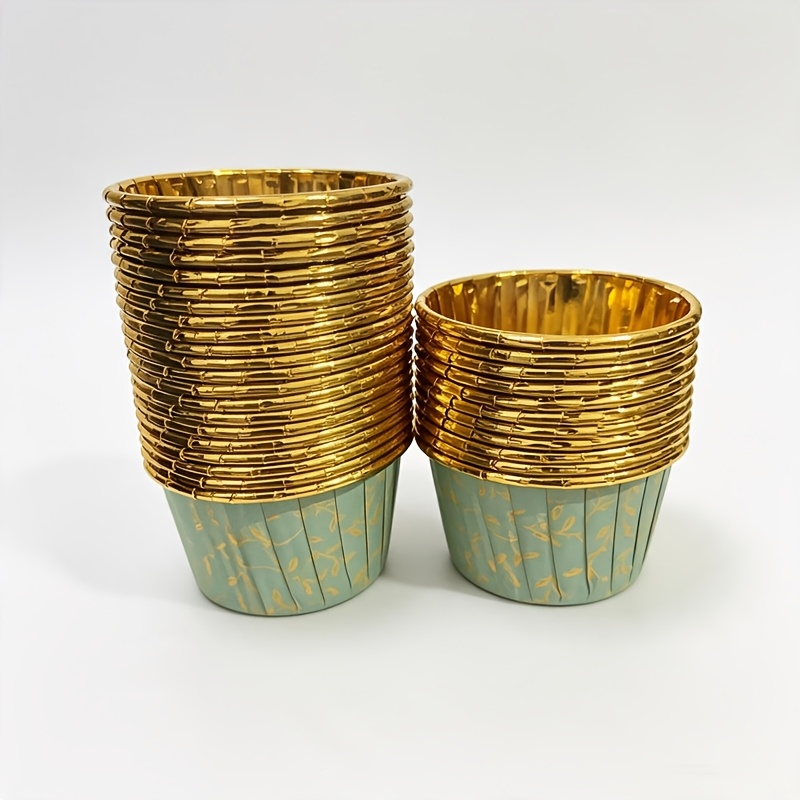 TEMU 30-count Light Green Pattern Baking Cups Heat Resistant Single-sided Golden Rolled Rim Muffin Cups Pastry Paper Liners For Home Bakery Holiday