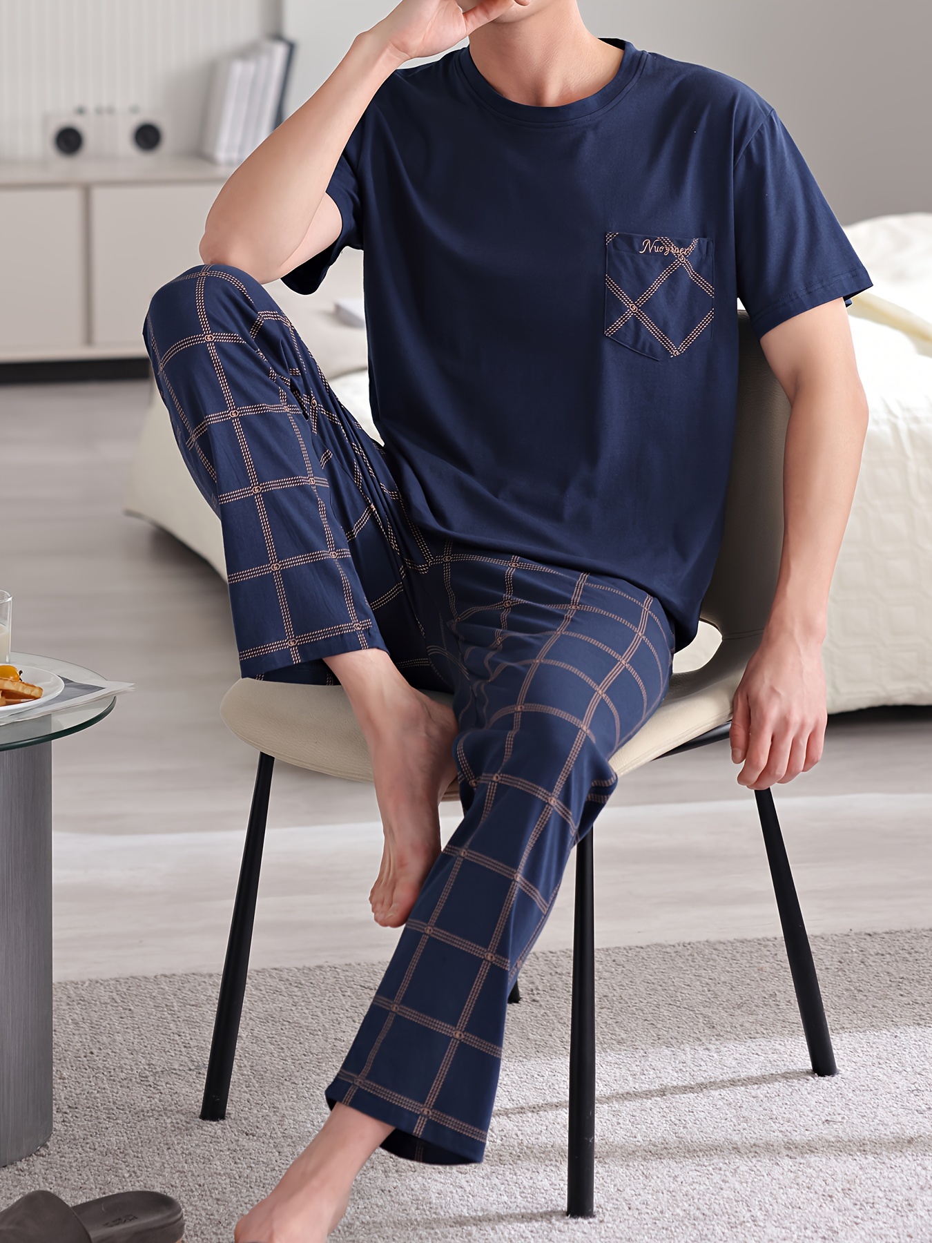 Plus Size 2 Pcs Men's Cotton Short Sleeve & Plaid Print Trousers Pajama Sets, Comfortable & Skin-friendly Style Pajamas For Men's Cozy Loungewear