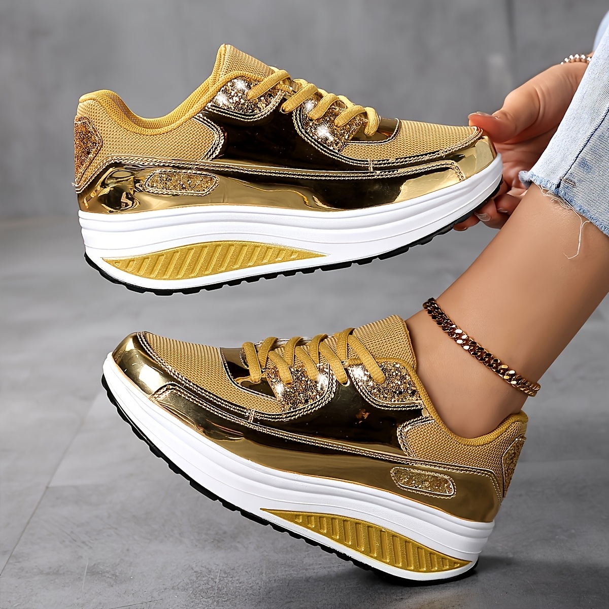 

Women' Sneakers - Mid-top Casual Lace-up Shoes With Sequin , Lightweight , Breathable Fabric Upper & Tpr Sole, Stylish Golden Color, Comfortable Wear | Stylish Shoes | Tpr Sole