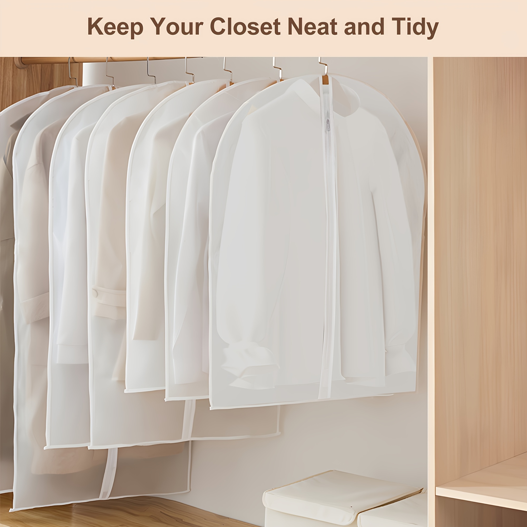 5pcs Zippered Garment Bags - Transparent PEVA Dustproof Clothing Covers with Hanging Hooks for Suits, Coats & Delicate Fabrics, Closet Organization & Travel Storage, Clothes Organizer Storage