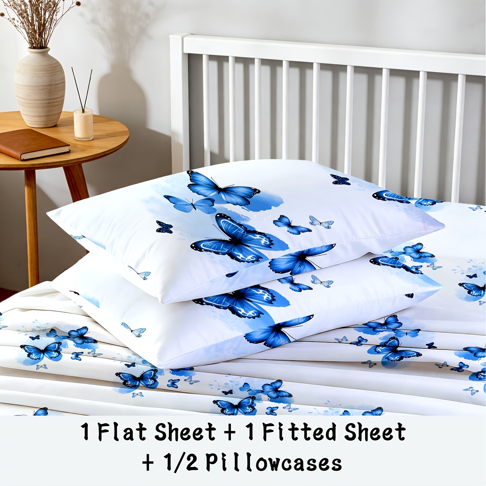 TEMU 3/4pcs Delicate Watercolor Printed Bed Sheet Set(1 Flat Sheet + 1 Fitted Sheet + 1/2 Pillowcases), Soft Breathable And Durable Bedding Set,