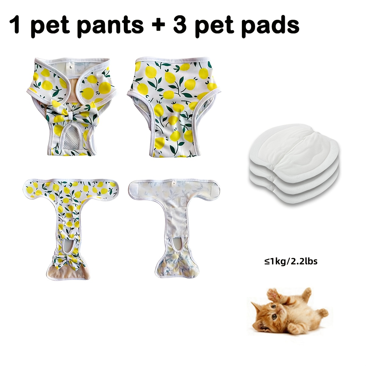 TEMU 4pcs Reusable Pet Diaper Set, Including 3 Washable Dog Pads, Adjustable Waistband, Breathable Polyester Underwear Suitable For Female Dogs - Including