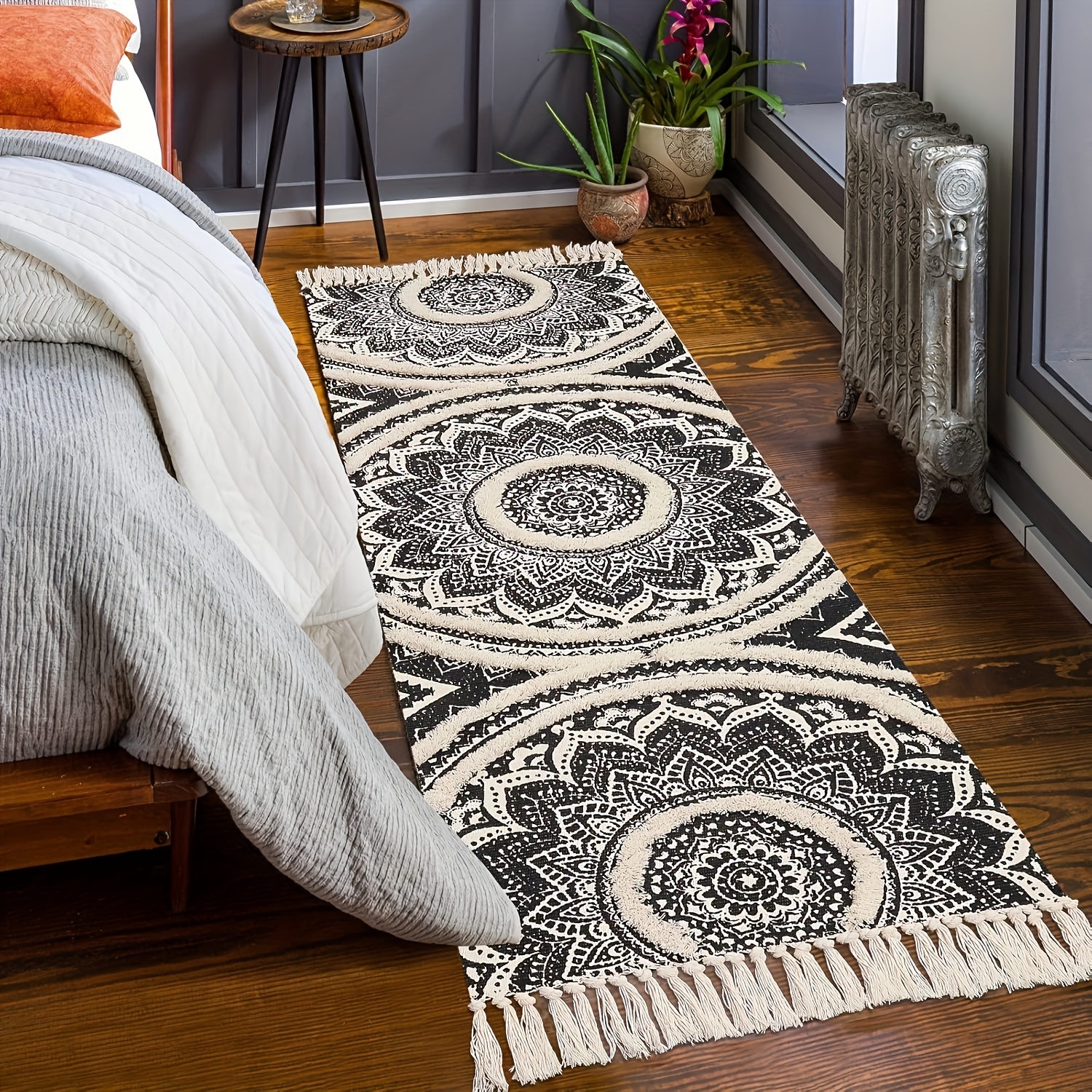 Image of Washable Runner Rug For Hallway, Living Room Bohemian Rug, Handmade Bedroom And Kitchen Runner Rug In Black And Cream, Entryway Runner Rug, Bathroom Runner Rug