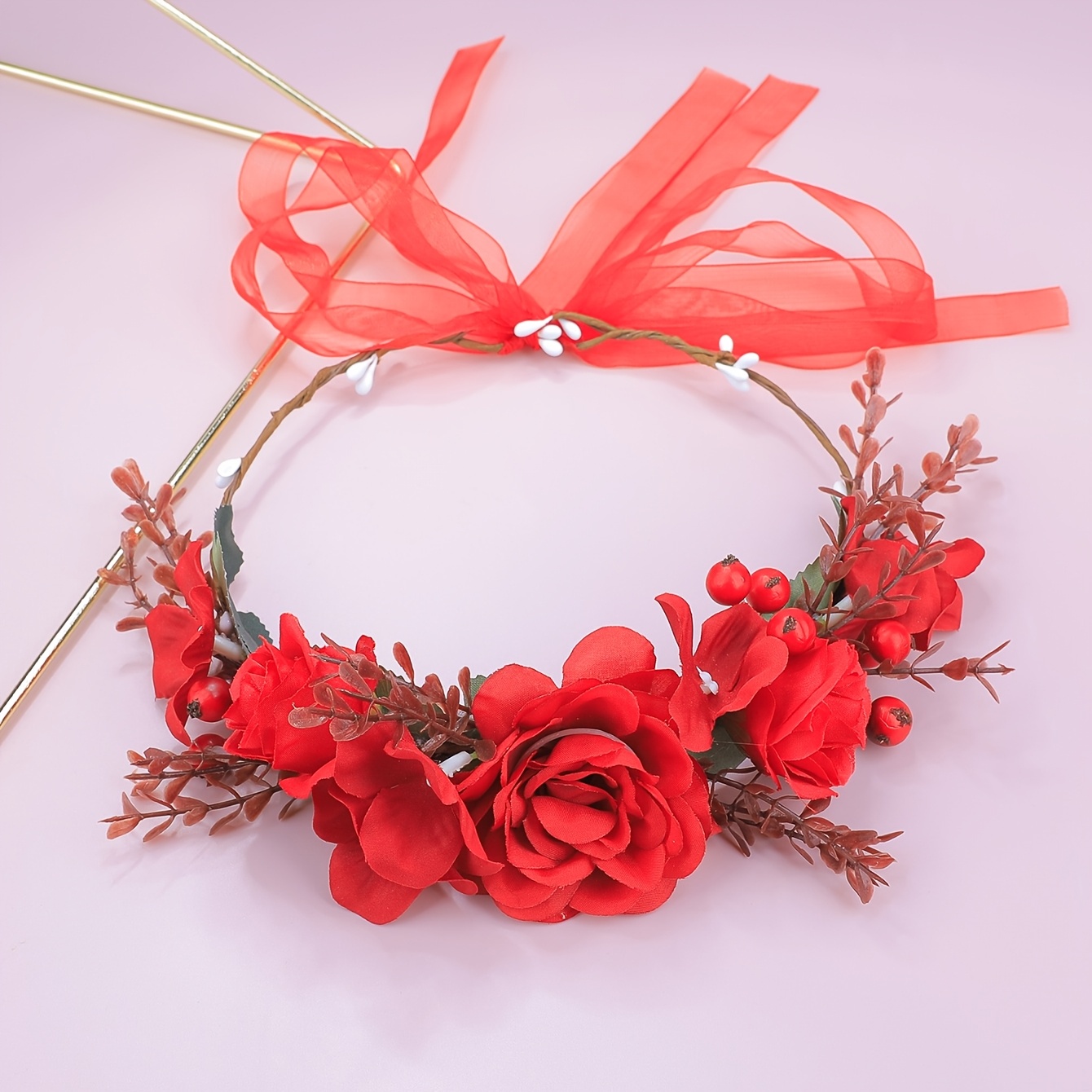 TEMU 1pc Vintage Red Rose Wreath, Bridal Toast Performance Daily Atmosphere Red Hair Accessory Headband Forest Faux Flower Wreath Adjustable Ribbon