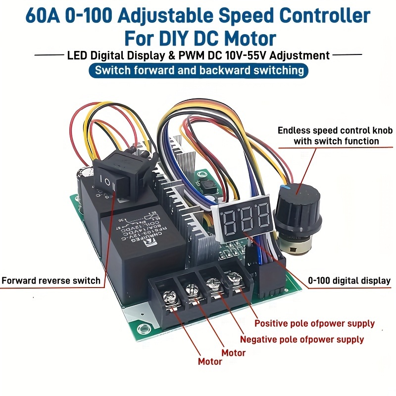 

60a 0-100 Adjustable Speed Controller For Diy Dc Motor - Led Digital Display & Pwm Dc 10v-55v Adjustment