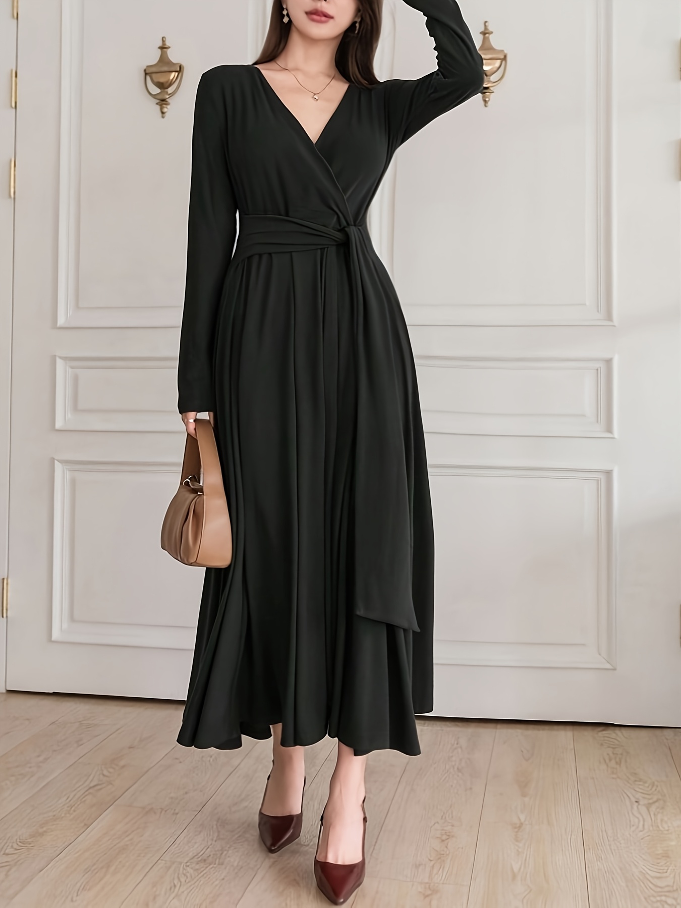 womens maxi dress v neck asymmetrical waist tie - Temu Bahrain