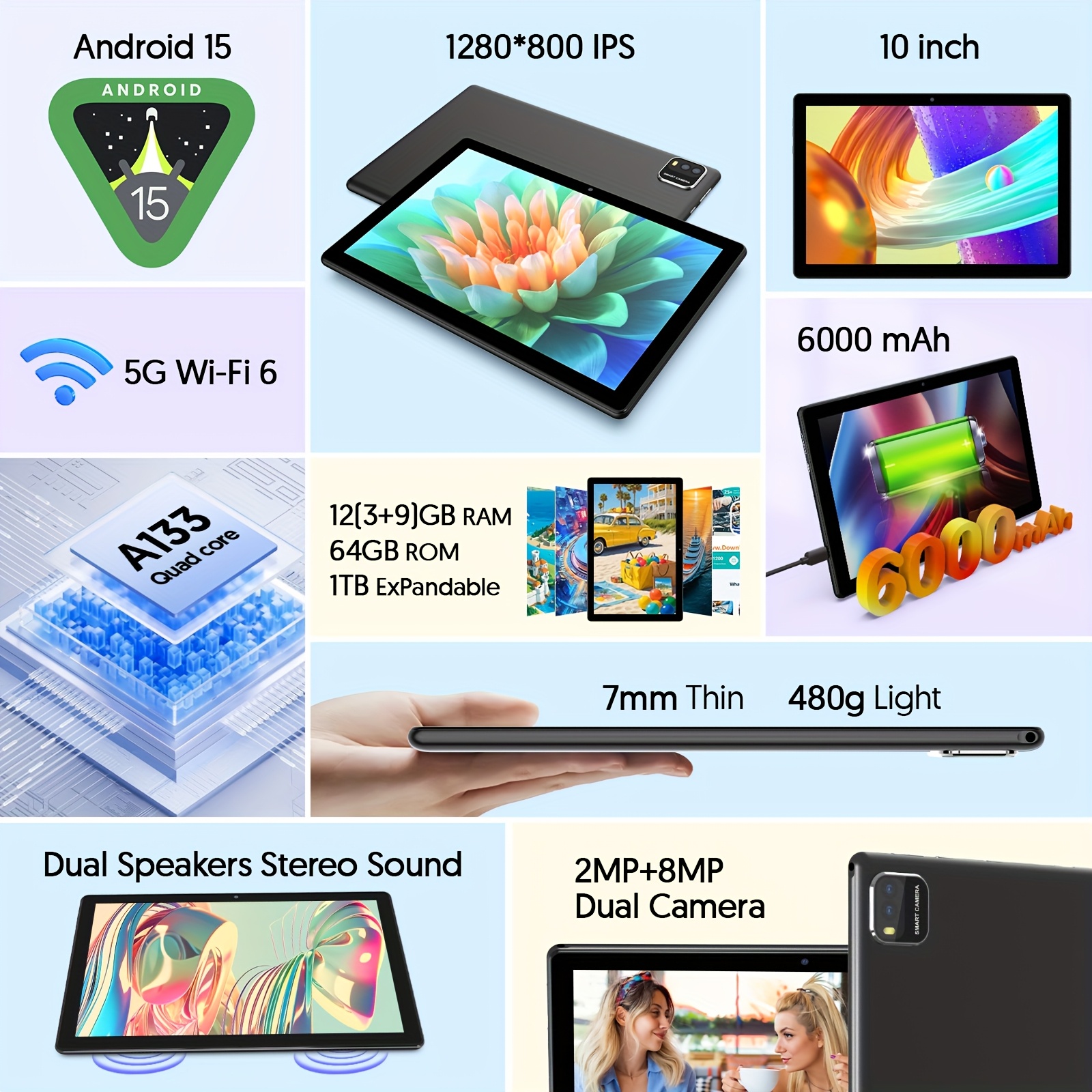 Tablet 2024 Latest Android 14 Tablet 10 Inch 2 In 1 Tablet With Keyboard 12GB(3+9)RAM 64GB ROM 1TBExpand 5G WiFi Tablet Quad Core Processor, 6000mAh, 2+8MP Camera, Mouse, Case, Stylus, Tablet, Pad
