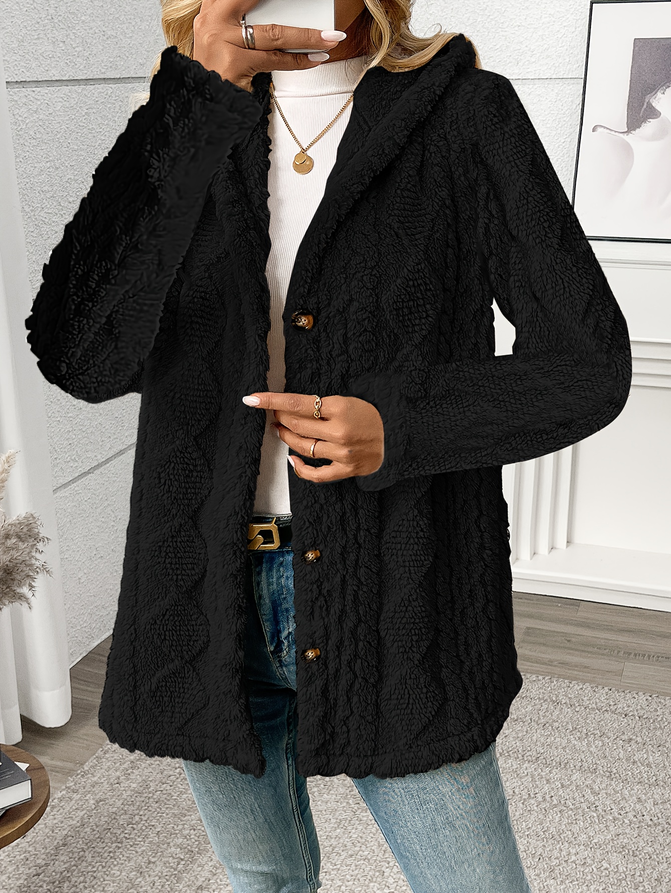 womens elegant rhombus texture hooded teddy bear jacket   button front coat with side pockets soft plush fabric machine washable versatile casual to formal outerwear everyday   durable button closure cozy layering stylish outerwear quality stitching stylish women black 2