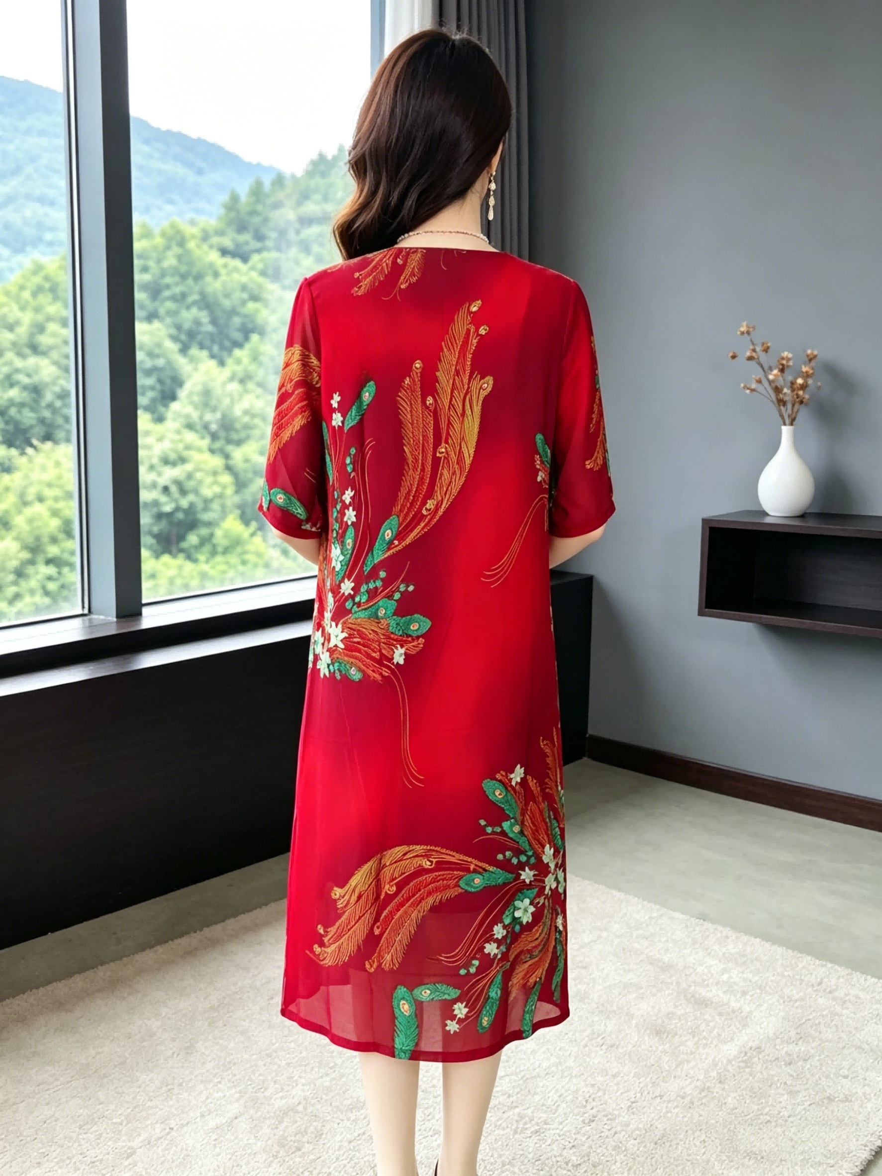 plus size womens elegant peacock print chiffon midi dress - Temu Bahrain