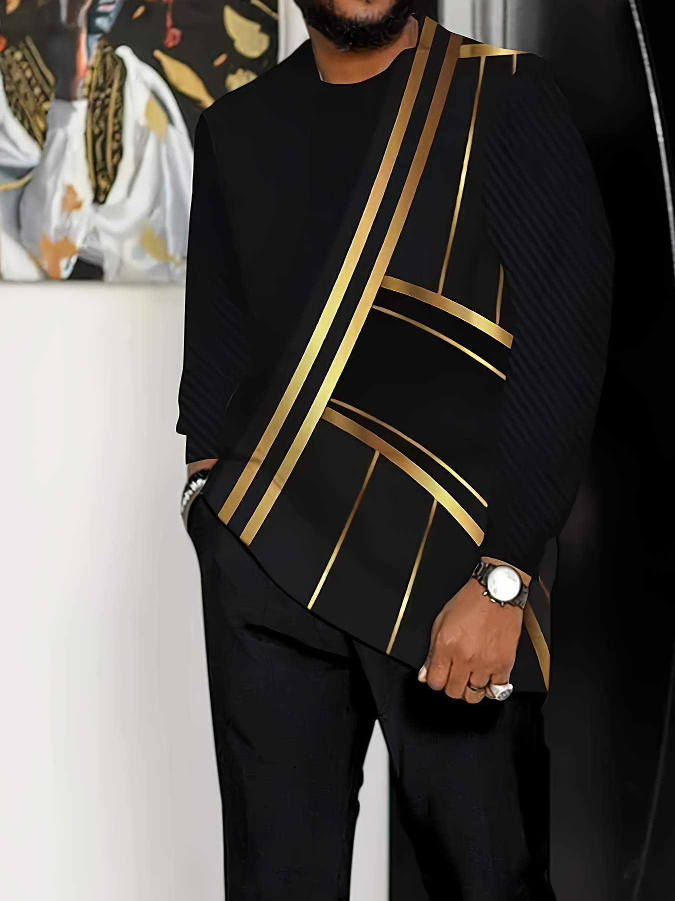 2025 European and American Men'S Long Sleeve Casual Suit, Round Neck Pocket, Digital Print, Men'S Long Sleeves, Men'S Pants, Men'S Long Sleeve and Pants Set