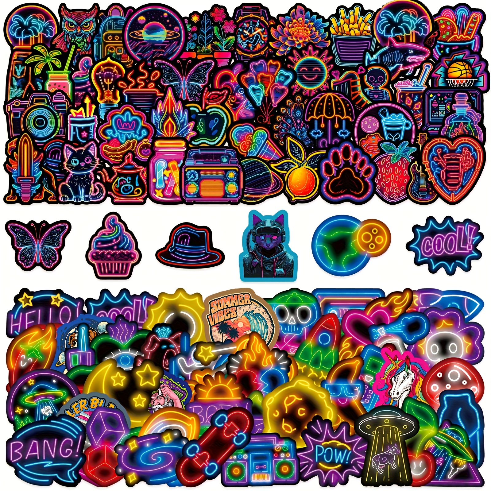 Image of 100pcs Mixed Neon Stickers, Small Fresh Neon Graffiti Stickers For Water Bottle, Laptop, Phone, Dark Fluorescent Stickers For Teens And