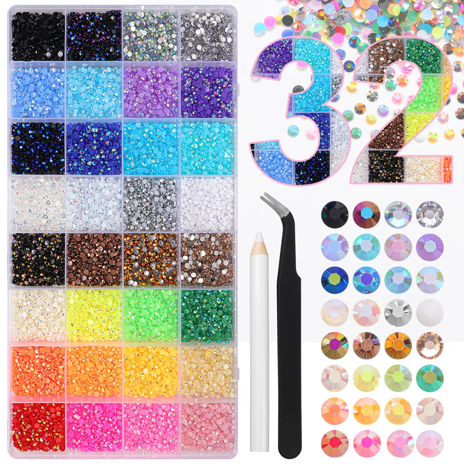 Image of 15000pcs 32 Colors Resin Jelly Rhinestones For Bedazzling, 3mm Multicolor Flatback Synthetic Gemstones For Crafting, Bedazzler Kit With Pick Up Pen And Tweezer For Clothes Book Shoes Nails Art Makeup
