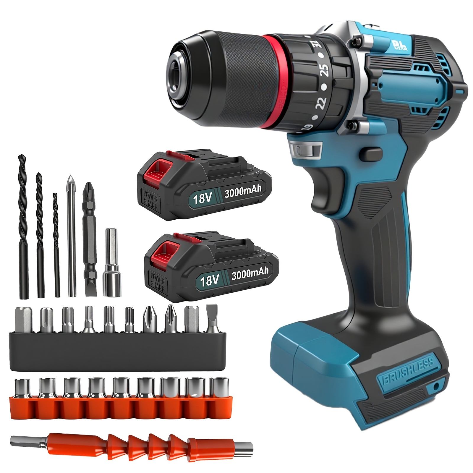 Image of Brushless Drill Set, Adjustable 2 , 25+3 Levels, With 2x 3.0ah Batteries, Cordless Multifunctional Screwdriver Impact Drill, Suitable For Installation , Compatible With Makita 18v Batteries