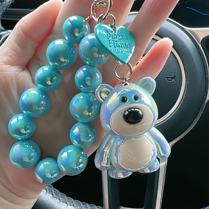 TEMU Adorable Pink Bear And Beaded Keychain Set - Colorful Acrylic Pendant With Heart-shaped Charm For Car, Bag, Phone Case - Cute Accessory With "good Luck" Label - Ideal Holiday Gift