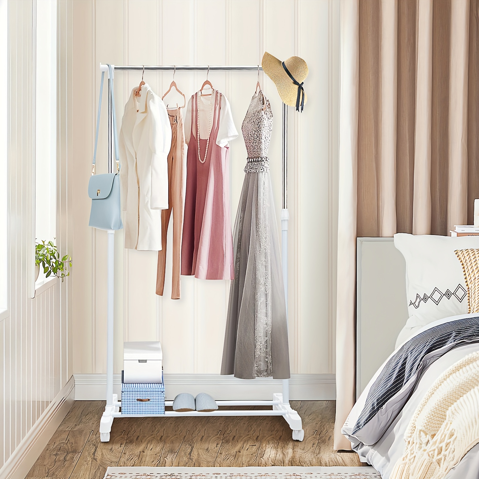 TEMU Small Clothes Rail Adjustable Hanging Rail On Wheels Extendable Hanging Rail Clothes Rack Portable Clothing Rail For Bedroom, Drying Racks