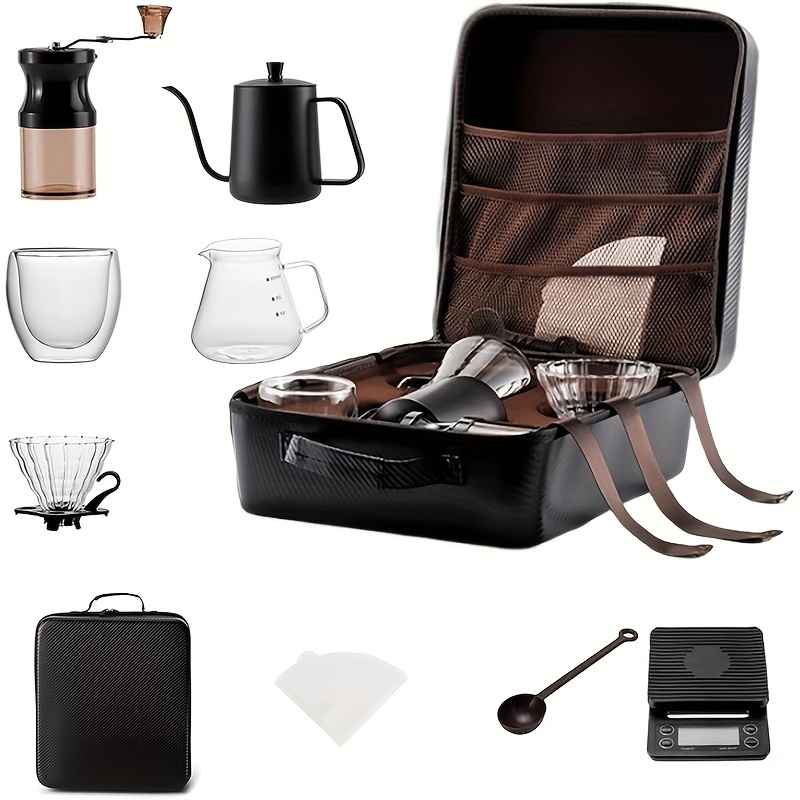 

Set de voyage pour café gourmet : Moulin à main en acier inoxydable, verrerie et accessoires pour la tasse parfaite à emporter