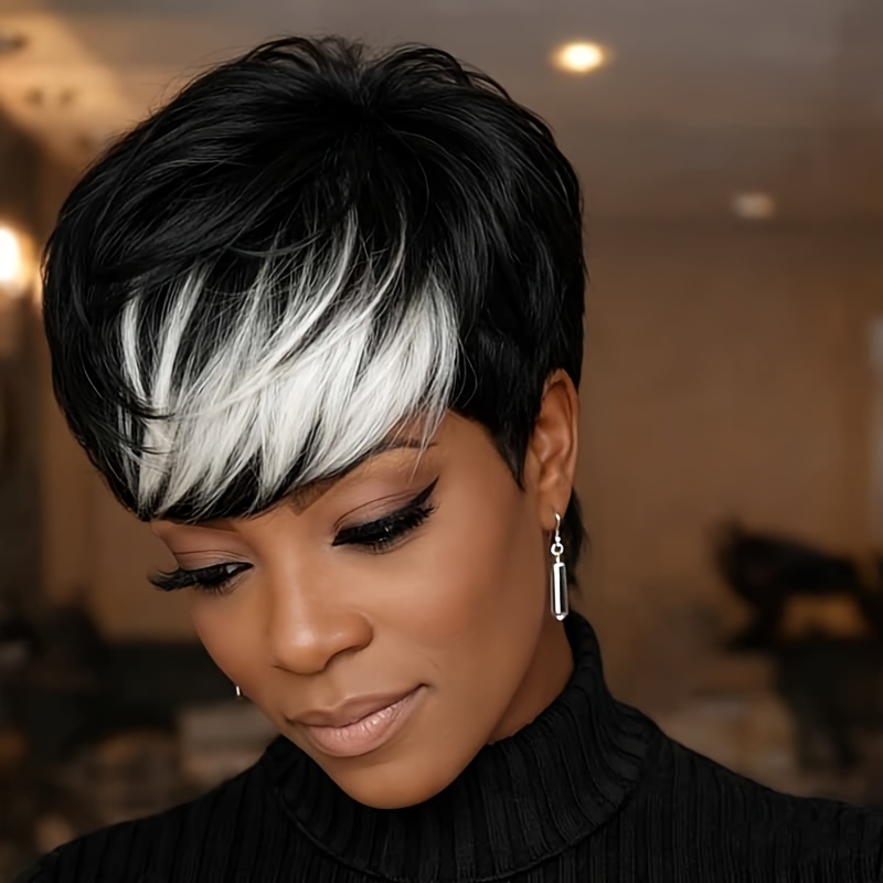 TEMU Women's & Unisex Brazilian Human Hair Wig Suitable For - Natural Black To Light Gray/white Ombre Short Cut, 150% Density Straight Hair With