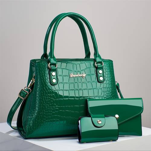 chic crocodile embossed tote bag for women stylish with adjustable strap zip closure in khaki coffee dark black