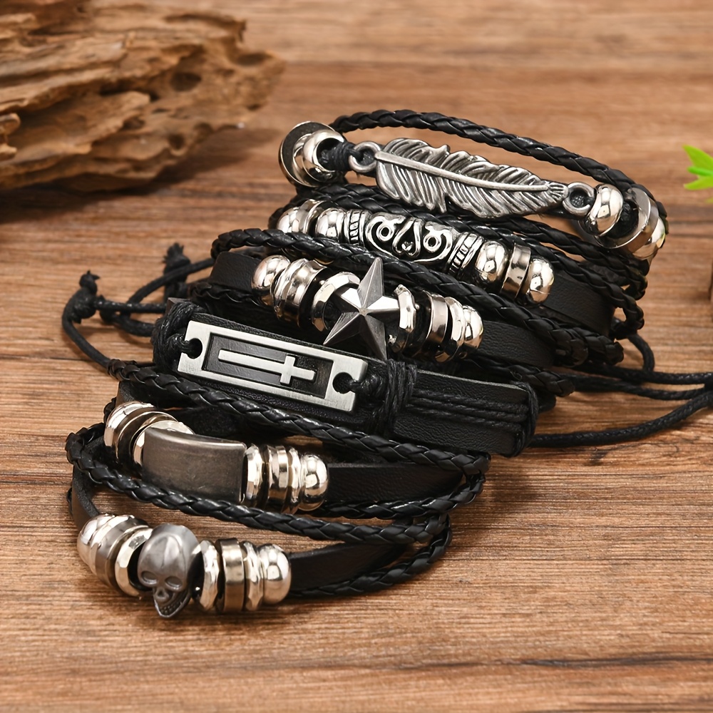 6pcs Set Feather Star Pu Leather Bangle Bangle Bracelet