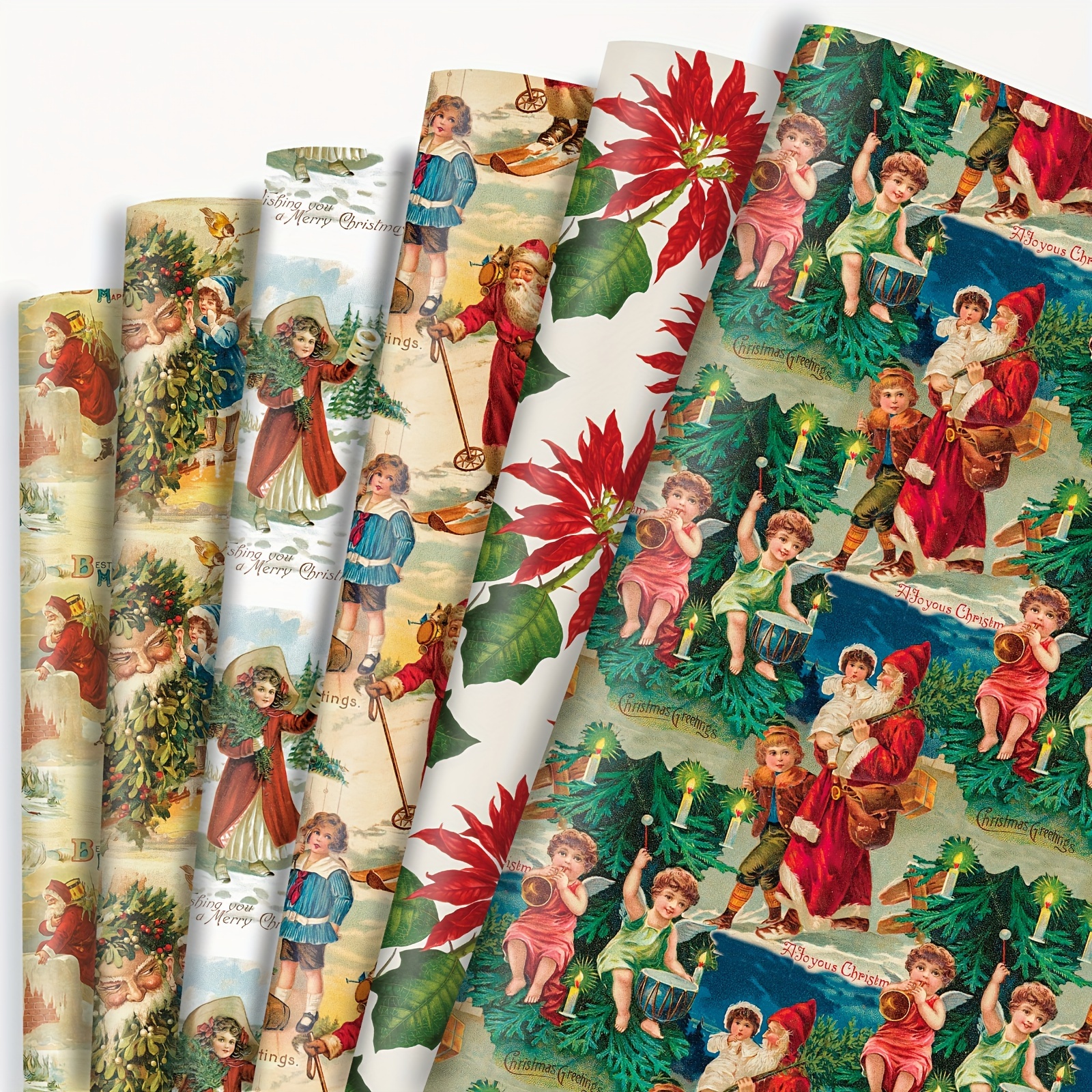 Image of Set Of 6 Vintage Christmas Wrapping Sheets, Each Measuring 20 X 28 Inches, Featuring Retro Designs Like Santa, Trees, Angels, And Floral Patterns, Perfect For Wrapping Gifts For Everyone