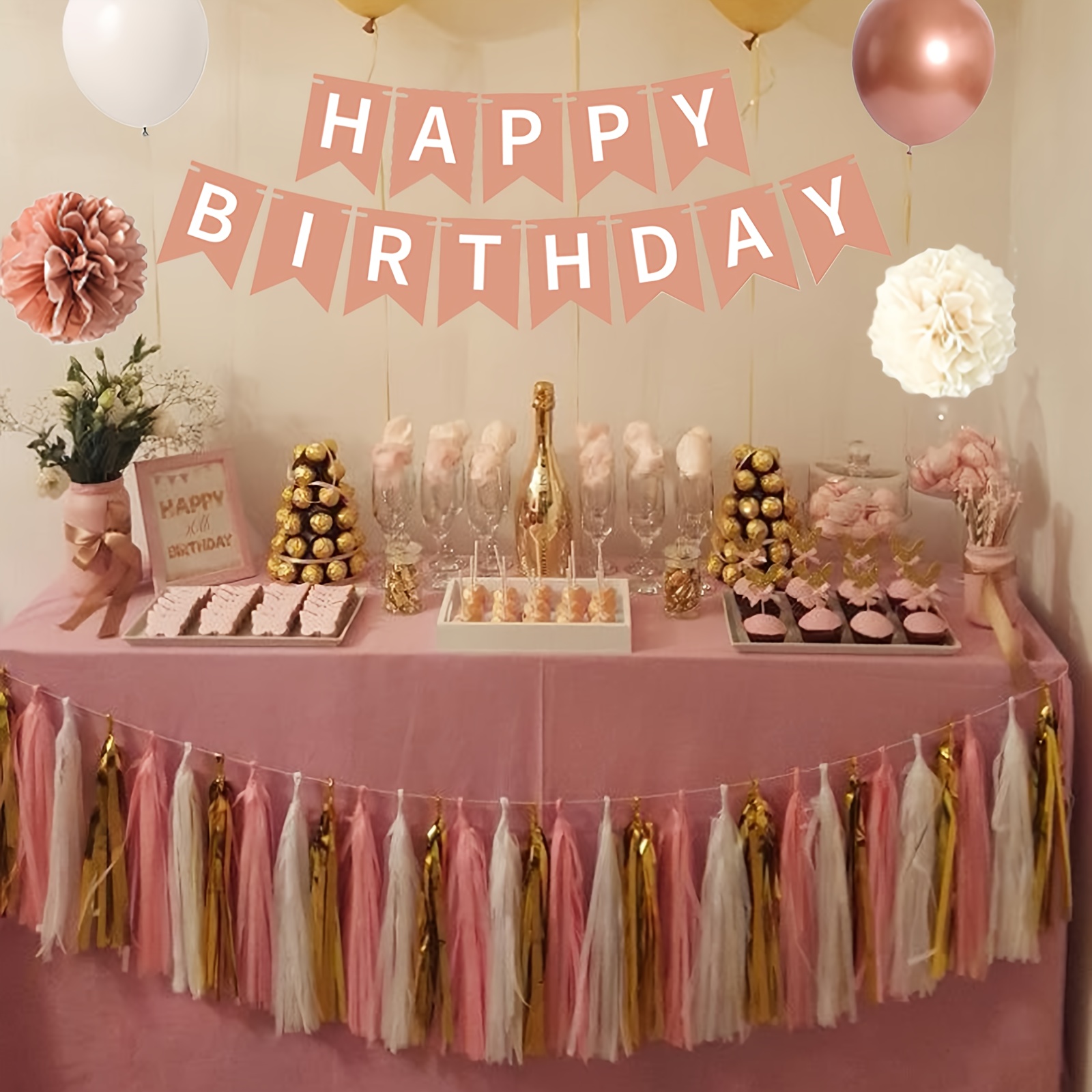 happy 18th birthday party decorations golden pink foil Temu