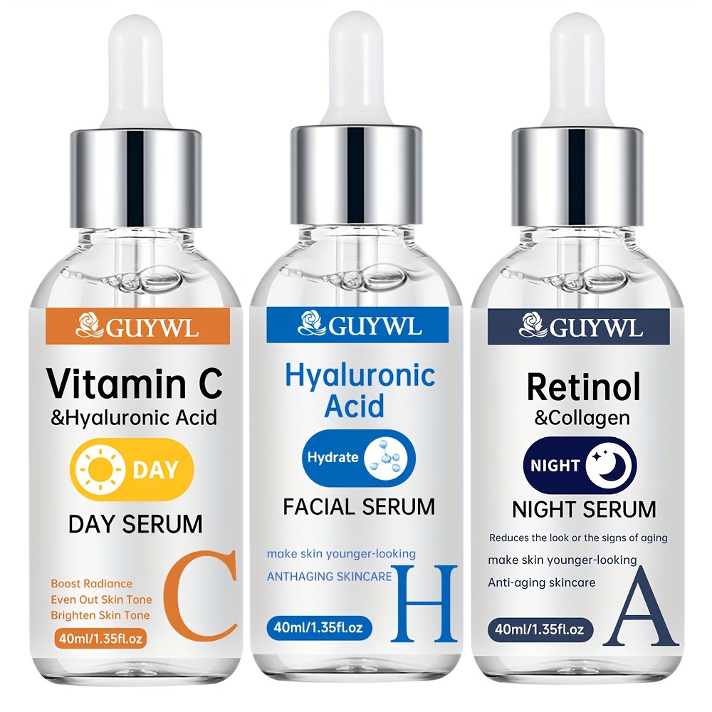 Le coffret 3 pièces de Guywl comprend des sérum de vitamine C, de rétinol et d'acide hyaluronique jour et nuit, associés au collagène, à l'acide tranexamique et à la niacinamide. Il éclaire le teint, raffermit la peau, hydrate en profondeur et uniformise le teint.