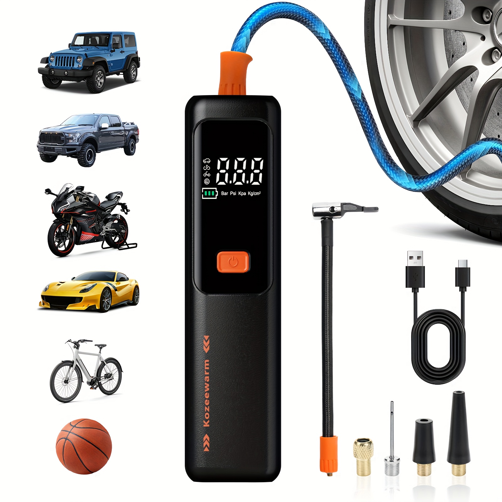 portable air compressor for inflating car tires suitable for bicycles motorcycles and   balls   a tire pressure gauge and is a useful car accessory