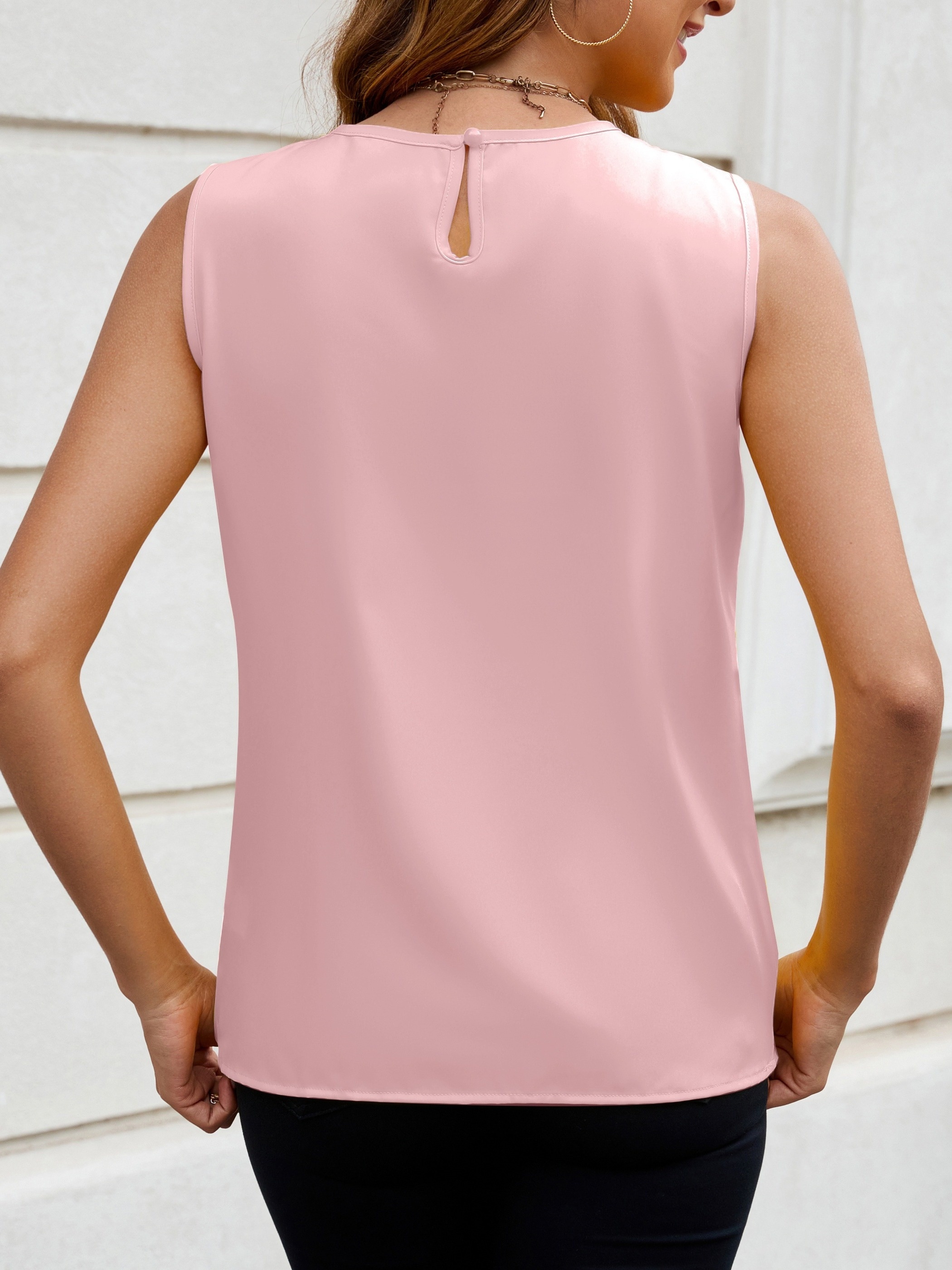 Women's Elegant Solid Color Sleeveless Blouse - Round Neck Button Front, Machine Washable Non-Stretch Fabric, All-Season Versatile Top for Casual & Formal Wear, Buttoned Front Top, Sophisticated Design