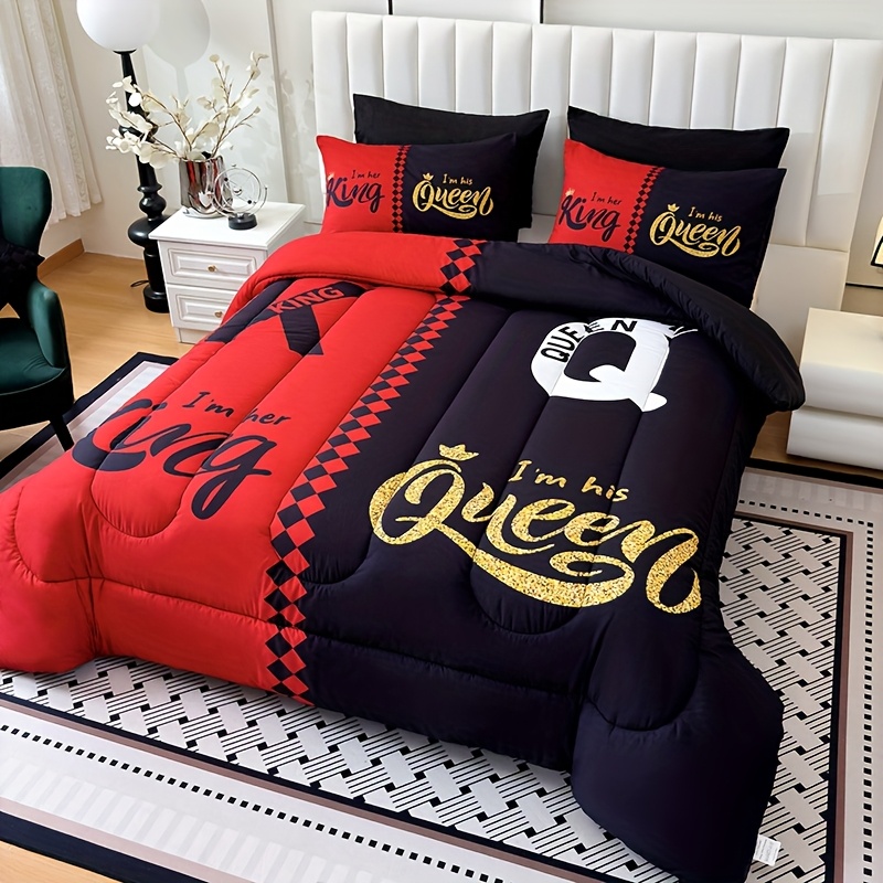 TEMU Tog 3 3pcs Super Soft Breathable Black Grey Color Blocking Crown Letter Thickening Quilt Set (1 Comforter +2 Pillowcases Without Pillow Core),