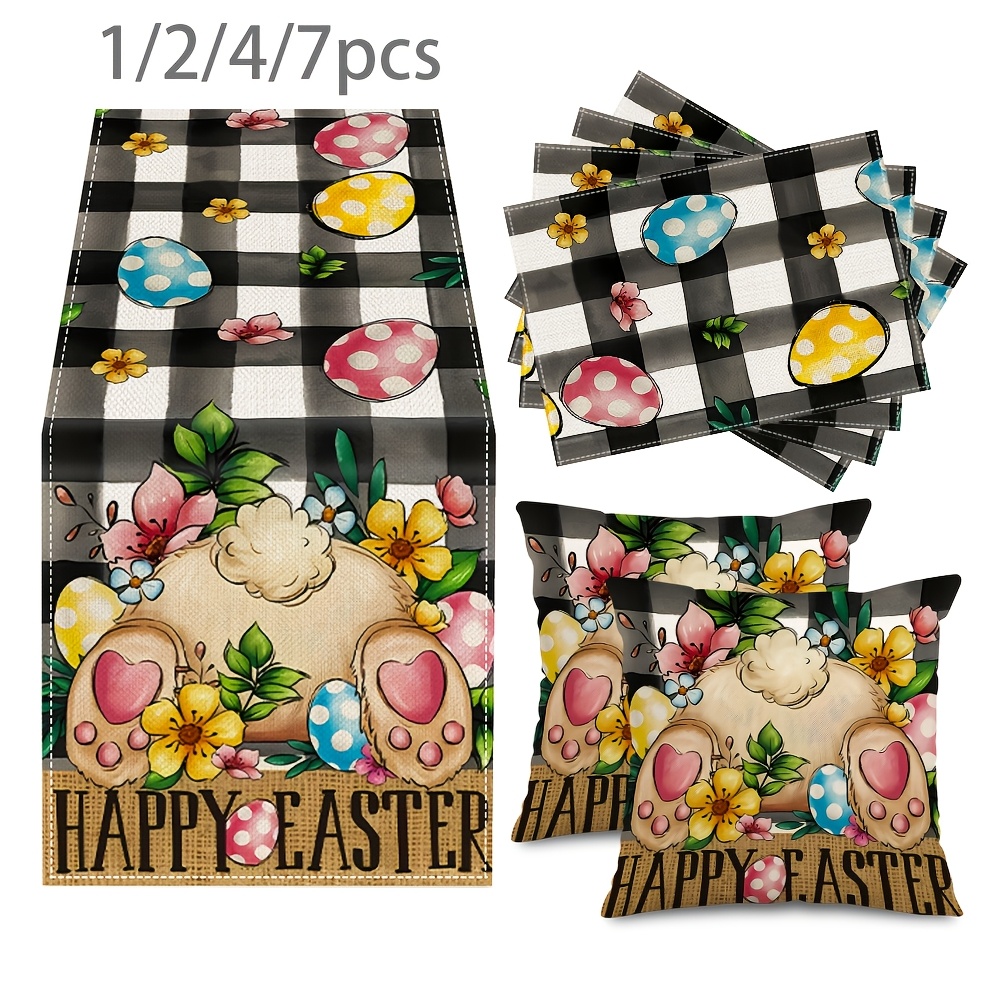 

1/2/4/7pcs Easter Table Decor Set, Linen 100% Rectangle Placemats 12x18in, Throw Pillow Covers 18x18in, Table Runner 13x72in, Bunny Egg Flowers Design, Woven Dining Decor For Home Party