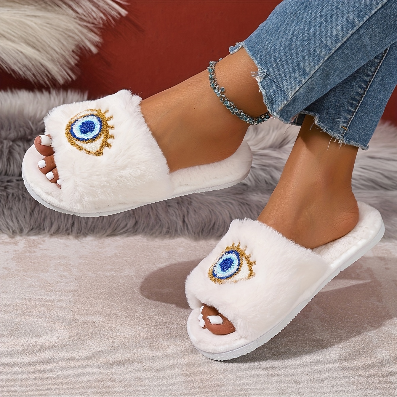 Image of Cozy Plush Slip-on Slippers With Design - Soft Fabric & Eva Sole, Indoor House Shoes For , Hand Wash/, Women Shoes