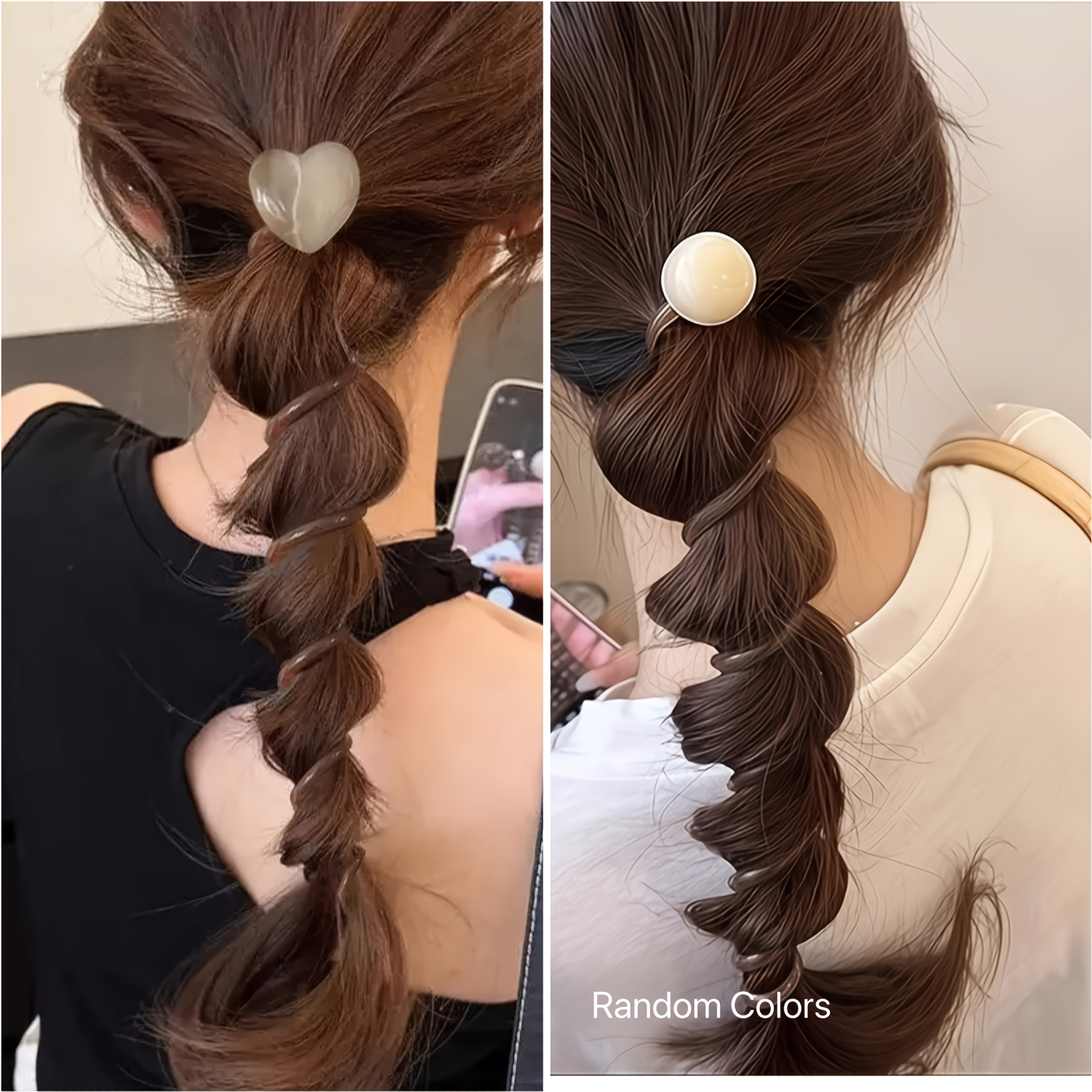 TEMU 2pcs Beaded + Heart Telephone Cord Hair Ties, Random Colors, Hair-friendly, Suitable For All Hair Types, Vintage Style Bubble Braid Hair