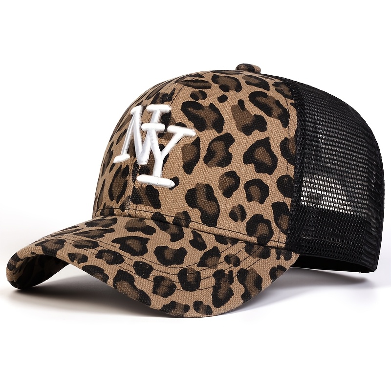 Image of Women's Ny Embroidered Leopard Print Baseball Cap, Large Head Adjustable Outdoor Fashionable Casual Cap Suitable For Spring And Autumn Travel, Beach Parties