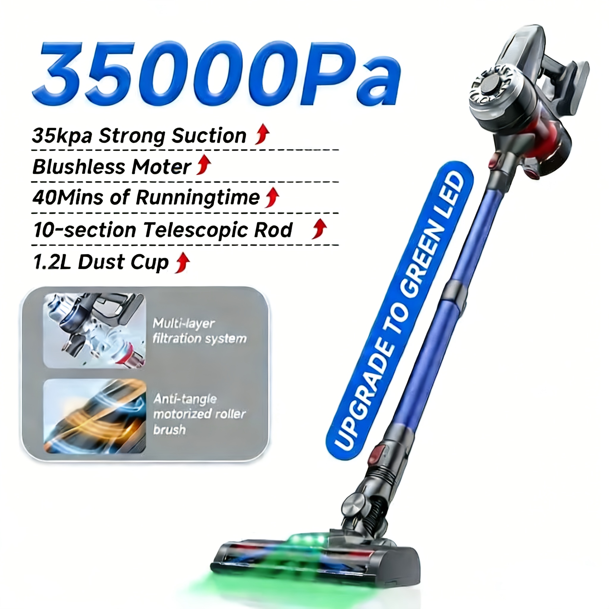 Xinshe A7 Vacuum Cleaner, Long + 1.2l Large Dust Cup, Extendable + Rechargeable, Suitable For Carpets, Pet Hair, Hardwood Floors