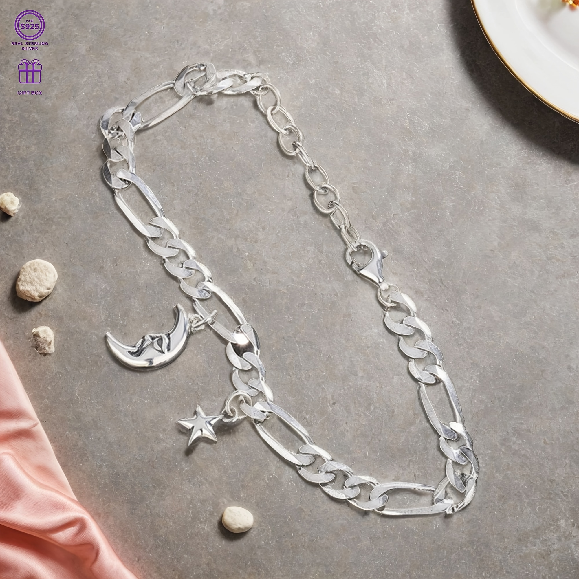 S925 Silver Moon & Stars Pendant Bracelet