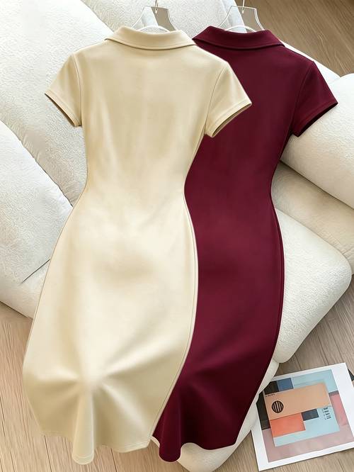 2pcs set womens elegant neck short sleeve dress ruched waist enhancing midi dress womens spring summer dress