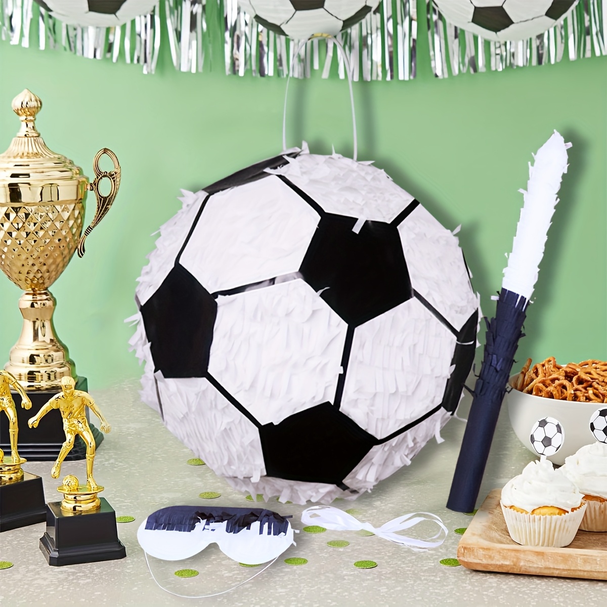 1 Set/4pcs 3D Soccer Piñata Kit with Streamers, Birthday   Game Gift –   Handmade Exquisite Piñata, Blindfold, Stick, and Beater for Mexican-Themed Celebrations,   to 1.36 KG of Small Gifts