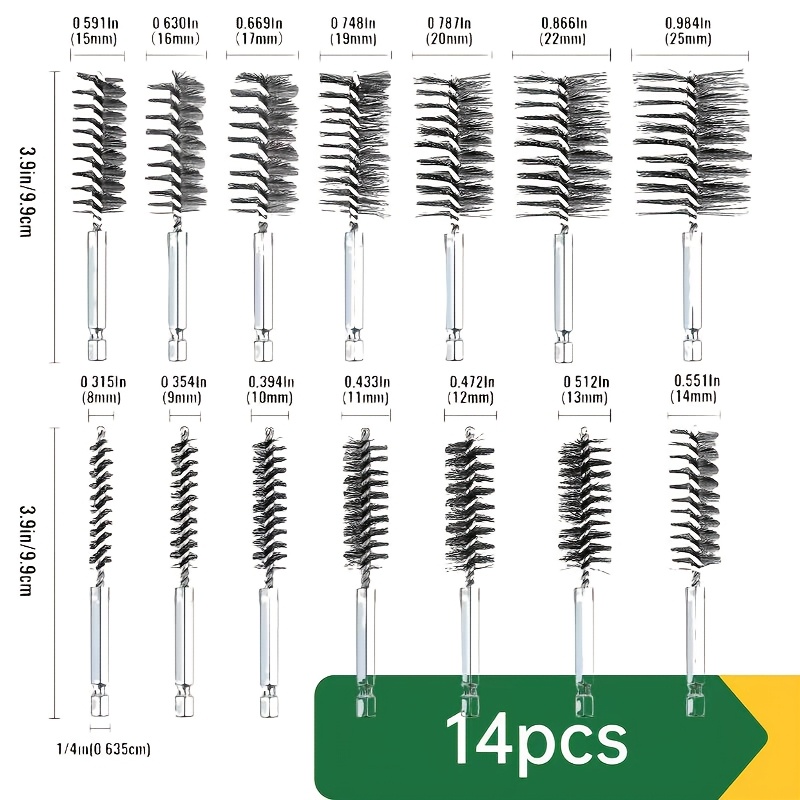 14pcs Wire Pipe Brush Set For Deburring, Rust Removal, Grinding, And Polishing Of Inner Holes, Featuring A 1/4" Hexagonal Shank And Multiple Specifications In Large Sizes