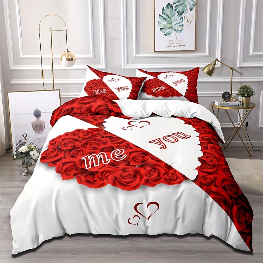 

Romantic Red Rose Duvet Cover Set With 2 Pillowcases - Soft And Comfortable, Suitable For All Seasons